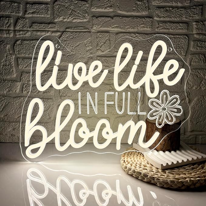 Live Life In Full Bloom Neon Signs for Wall Decor, USB Powered LED Dimmable, Motivational Neon Light, for Spa Yoga Studio Business Gathering Party Home Bar Birthday Gifts(14.1 * 10.6 In)