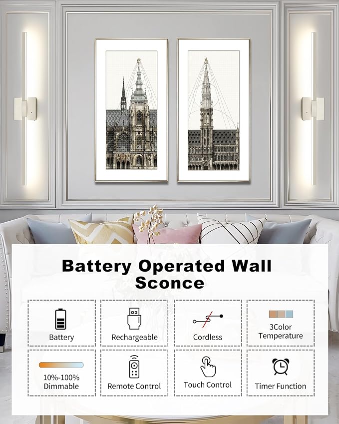 Rayogale Nickel Battery Operated Wall Sconces Set of 2, 24 Inch | 3000/4500/6000K Dimmable 8000mAh Wireless Rechargeable Wall Sconces with Remote Control, Timer for Living Room, Bedroom