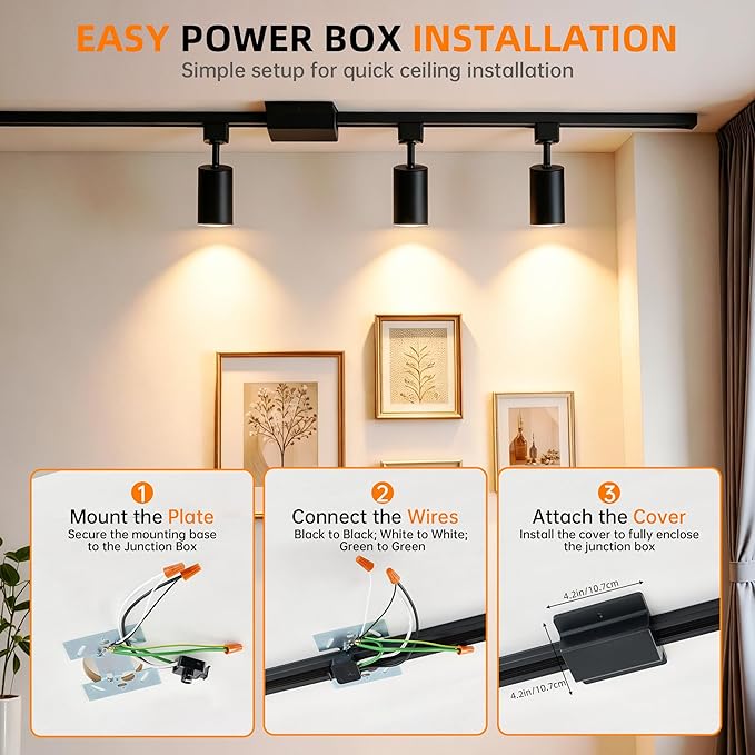 3-Color LED Track Lighting Kit with Floating Canopy Connector, 4-Light H Type Rail System with 3.3FT Rails, Dimmable GU10 Bulbs Included, Adjustable Ceiling Spotlights for Kitchen(4, Black)
