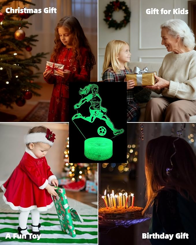 Women Soccer Player 3D Illusion Night Light for Girls Gift | 16 Colors Changing, Dimmable, Touch & Remote Control, Birthday Christmas Lamp For Kid Teen Sports Fan, Bedroom Room Décor