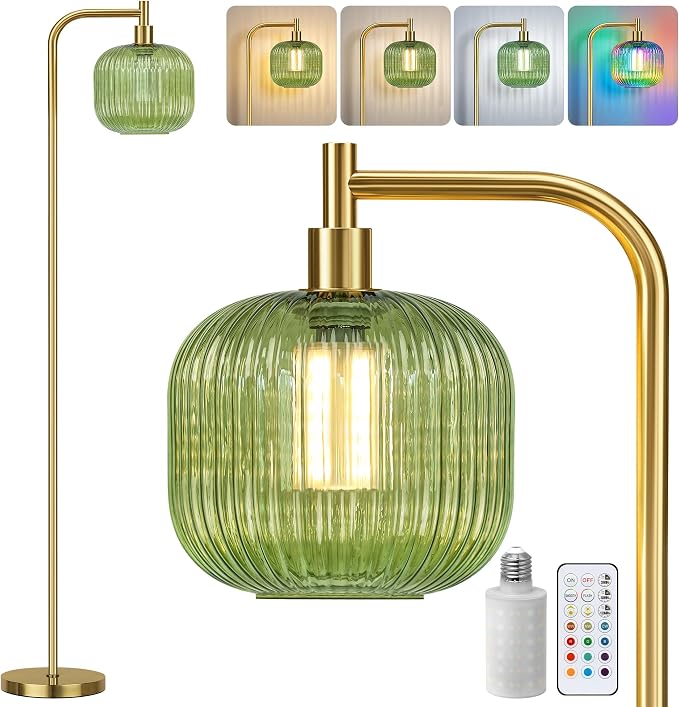 Cordless Floor Lamp for Living Room, 5400mAh Battery Operated Standing Lamp | Rechargeable Bulb Included, Stepless Dimmable, RGB Mode, Brushed Gold, Remote Control, Large Ribbed Glass Lampshade,Timer