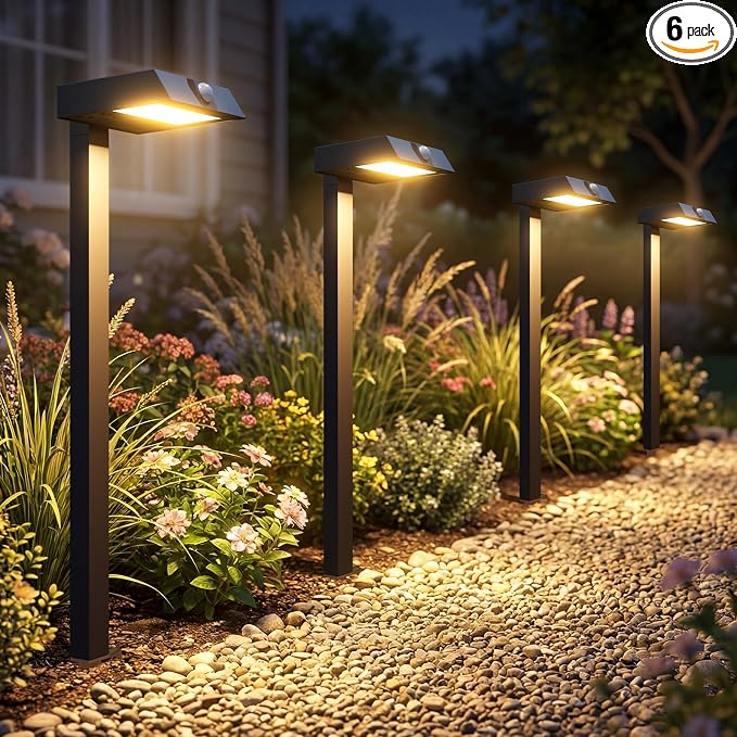 XMCOSY+ Solar Pathway Lights, 6 Pack Metal Motion Sensor Outdoor Lights | 300LM Bright Landscape Lights, All-Night Lighting, IP65 Waterproof Garden Light for Yard, Driveway & Walkway, Warm/Cool White