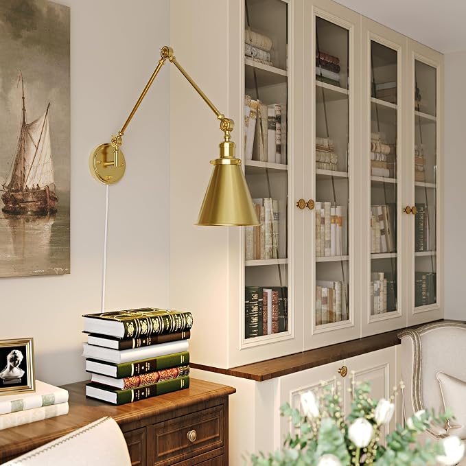 Plug in Wall Sconces Set of Two, Gold Swing Arm Wall Lamp with 6.6FT Plug-in Cord and Knob Switch, Metal Hardwired Wall Lights for Bedroom, Reading, Study Room, Office, Living Room (2 Pack)