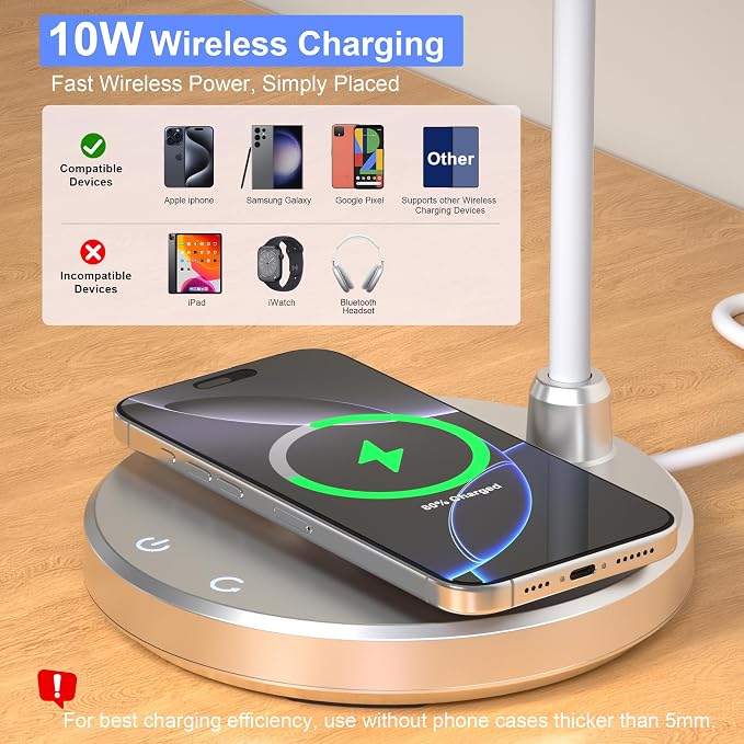 LED Desk Lamp for Home Office with Wireless Charger, Silver | 3 Color Modes Dimmable Eye-Caring Study Reading Dorm Desk Lamp, 360° Flexible Arm Table Lamp for College Dorm Room, 800 Lumen