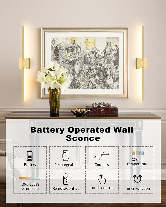 Rayogale Gold Battery Operated Wall Sconces with Remote Control | 3000/4500/6000K Dimmable 8000mAh Wireless Rechargeable Wall Sconces Set of Two with Timer for Living Room, Bedroom, 24 Inch