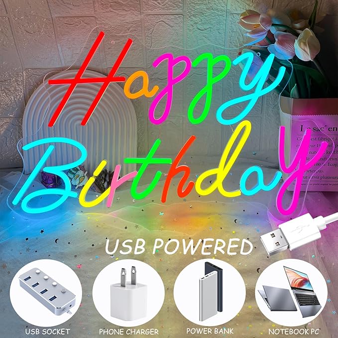 Happy Birthday Neon Sign, 21.7 x 13 Inch Neon Signs Large Size, Colorful Happy Birthday Neon Light, Big Birthday Neon Lights for Bedroom Bar Cafe Party Any Ages Bday Celebration Decoration