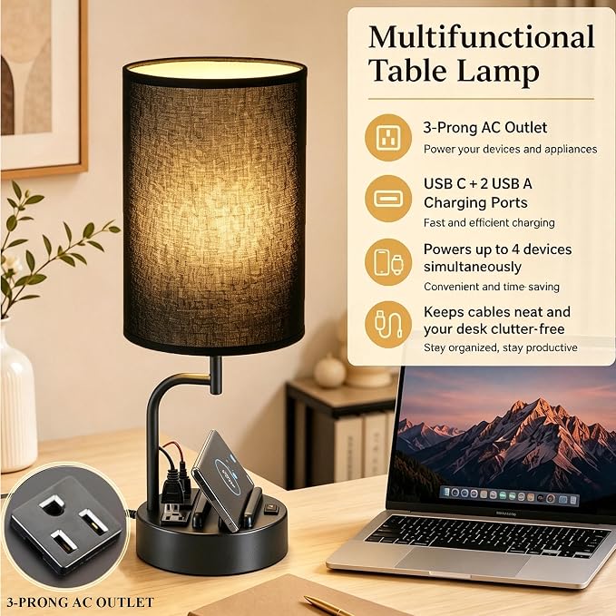 Dreamholder 2 Pack Table Lamp, Bedside Lamp with 3 USB Charging Ports & AC Outlet, USB Desk Lamp with 2 Phone Holders, Linen Fabric Shade Nightstand Lamps for Bedroom Living Room Office, Black Shade