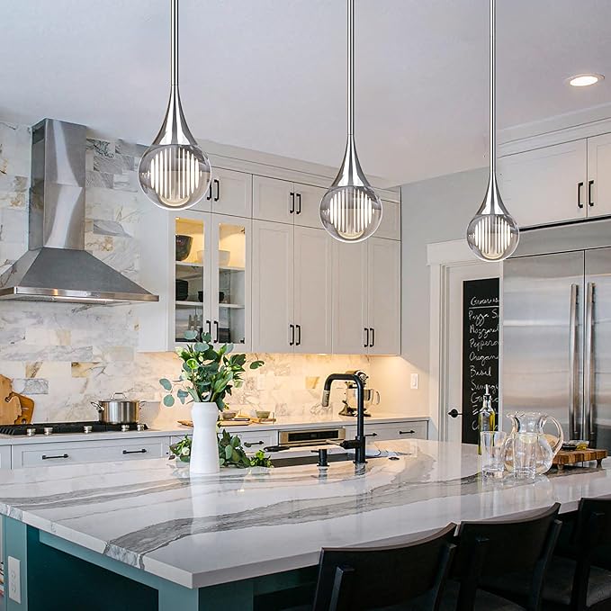 3-Pendant Lights Kitchen Island, Chrome Silver Globe Crystal Ceiling Hanging Light Fxitures, LED Light Fixtures Metal Rod Ceiling Glass Pendant Lighting for Kitchen Island Dining Room Bar