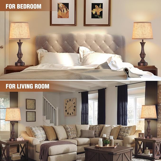 Luvkczc Touch Table Lamps Set of 2, 22" Tall Bedside Lamps with USB C+A Ports, Dimmable Table Lamp, Nightstand Lamps for Bedroom, Living Room, Office, Brown Lamps with Beige Lampshade, Bulbs Included