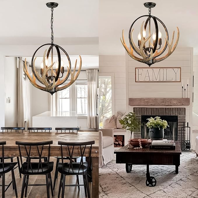 Antler Chandelier 4-Light for Dining Room, Large Deer Chandelier Fixtures with Retro Metal Globe and Resin 4 Antlers, Adjustable Farmhouse Chandeliers for Living Room Island Kitchen Bedroom Cabin