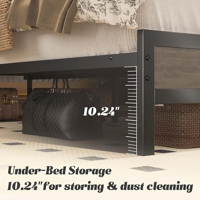 Fluest Queen Bed Frame with Headboard & Footboard, Bed Frame with Built-in Charging Station & LED Light, Storage Shelf, Noise-Free, No Box Spring Needed, Easy Assembly, Rustic Grey
