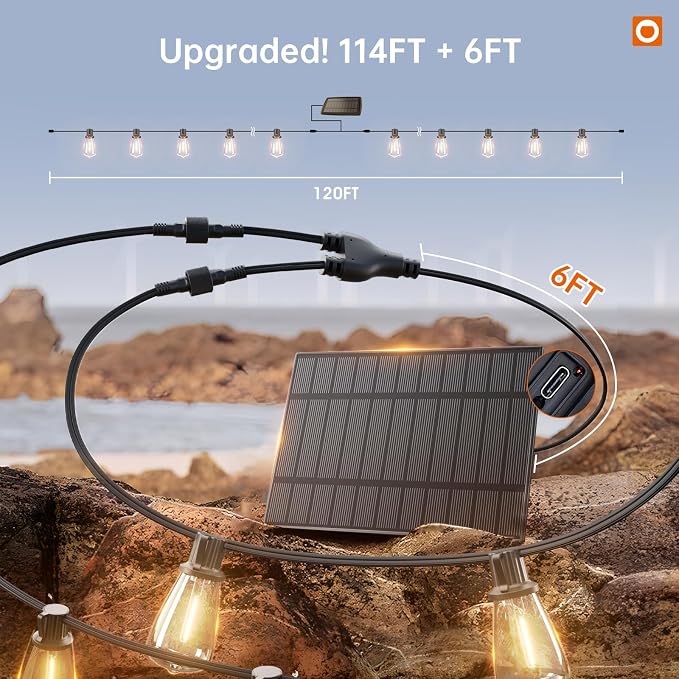 addlon 120FT(114+6) Solar String Lights Outdoor Waterproof with Remote USB | ST38 LED Shatterproof Bulbs, Solar Powered Outside Lights, Dimmable Solar Light for Camping Backyard Porch