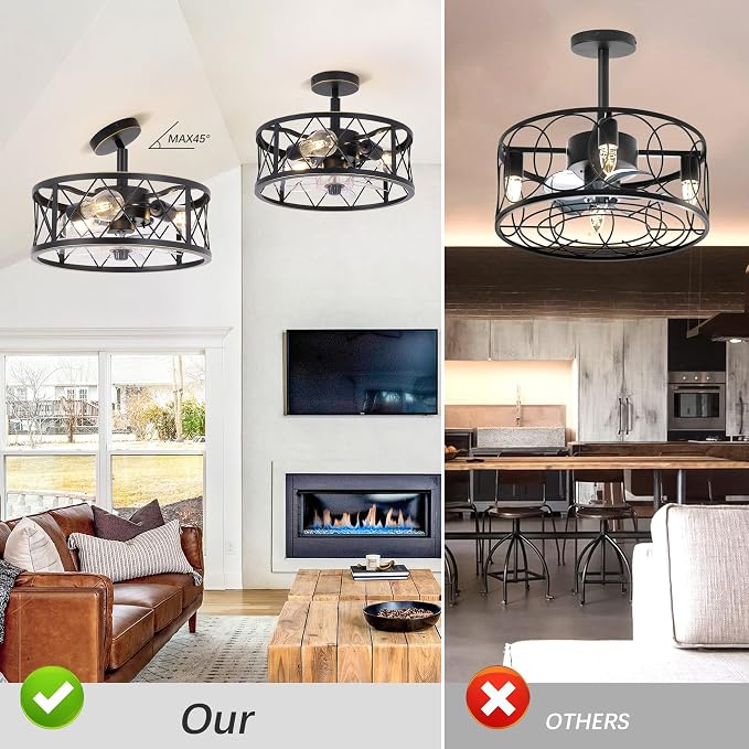 REDSTAR 15" Caged Ceiling Fans with Lights and Remote Flush Mount, Black Round Industrial Ceiling Fan Light Fixture, Small Bladeless Ceiling Fan for Bedroom, Kitchen, Indoor