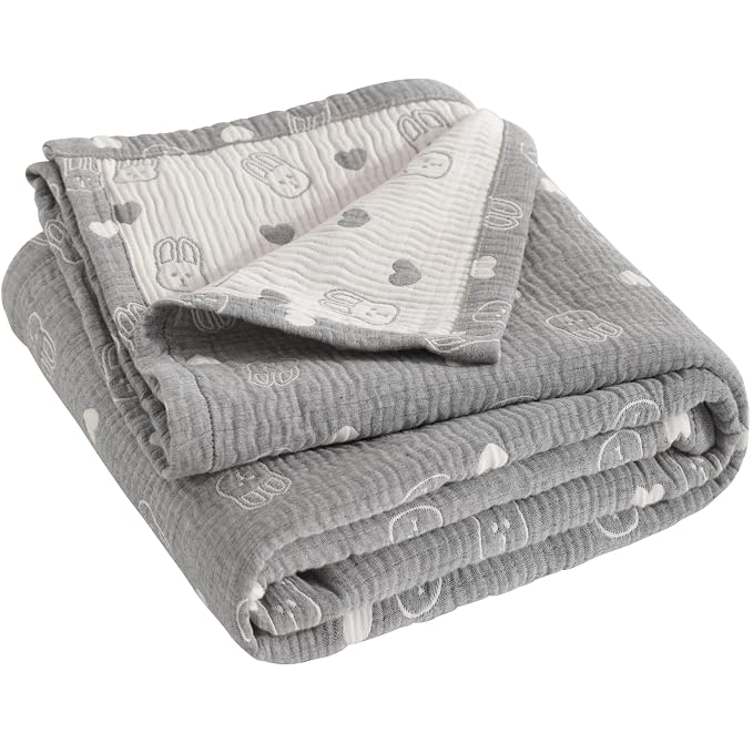 NTBAY 3 Layer Muslin Toddler Blanket, 30 x 40, Dark Grey Rabbit | Breathable Muslin Cotton Outer Layers with Light Thermal Fill, Reversible for Stroller, Daycare, Travel, and Supervised Use
