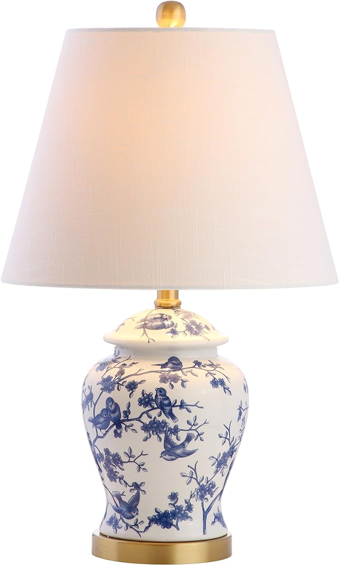 JONATHAN Y Penelope Ginger Jar 22" LED Table Lamp, Blue/White | Chinoiserie, Ceramic Metal Construction, French Country Traditional, Linen Empire Shade, Brass Gold, LED Bulb Included