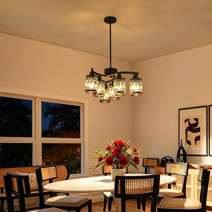 CNRATYE 6-Light Black Crystal Chandelier, Farmhouse Dining Room Chandelier | Elegant K9 Crystals & Durable Metal Frame. Height Adjustable (17.6"-59"). Dimmable. Ideal For Kitchen Islands Foyers Bedrooms