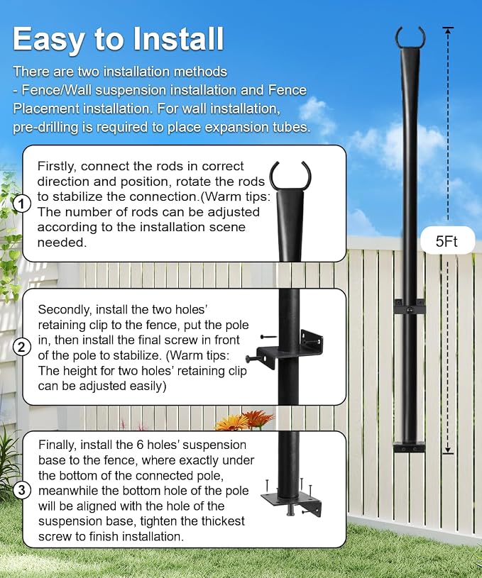 4 Pack String Light Poles for Deck, 5Ft Upgraded Heavy-Duty Metal Deck Light Poles for Outside with Fixing Clips, Lighting Hanging Post Accessories for Patio Decor Garden Backyard Yard Fence Porch