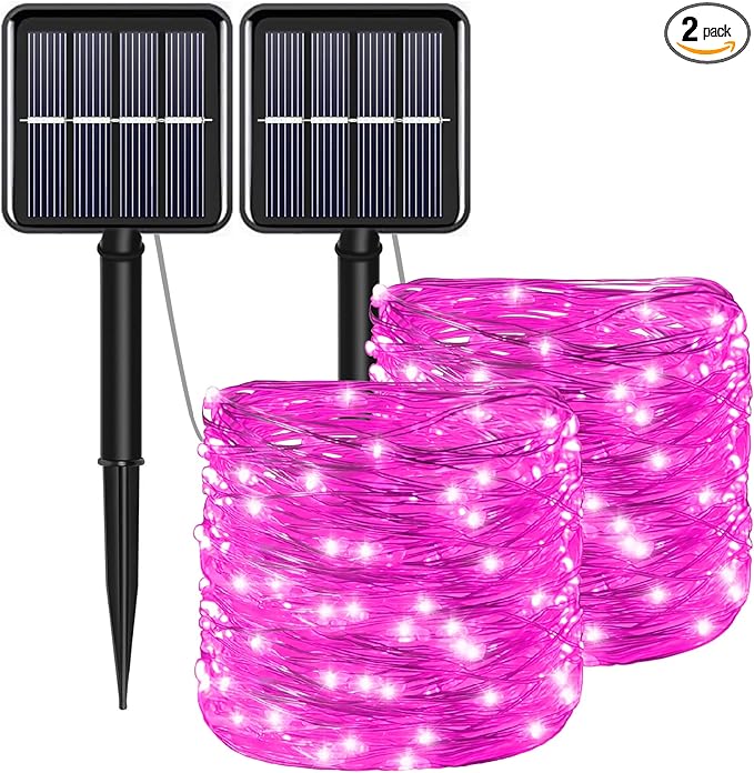 YAOZHOU Solar Christmas String Lights Pink Outdoor Waterproof 100 LED（2 Pack） 8 Modes Copper String Lights Fairy Lights for Valentines Day Garden, Patio, Fence, Balcony, Outdoors(Pink 2pcs