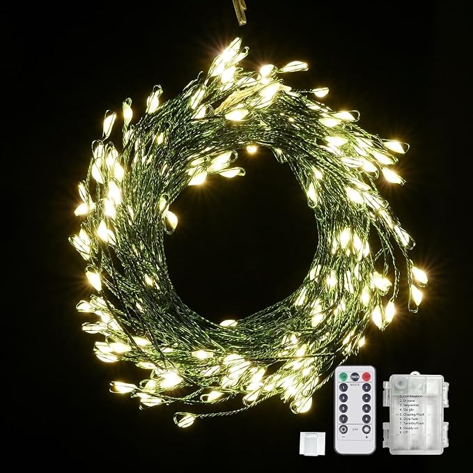 Battery Operated Fairy Lights with Remote - 200 LED Christmas Twinkle Lights with Timer, 16Ft Green Wire, Waterproof String Light for Bedroom, Garland, Outdoor Tree, Wreath - Battery Power