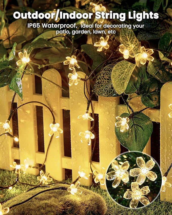 Brightown 2 Pack Total 52FT 120 LED Solar String Lights Flower Outdoor Waterproof Fairy Lights for Garden Yard Fence Patio Christmas Tree Wedding Party Decor, Warm White