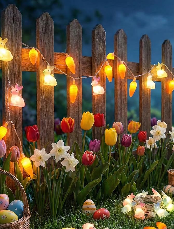 10 LED Bunny Carrot Camping String Lights, 8.5Ft Easter Decoration Outdoor | Shatterproof, Plug in Rabbit Lights Indoor, Connectable, Multicolor Fairy Lights for Party Garden Home Summer Decor for Kids