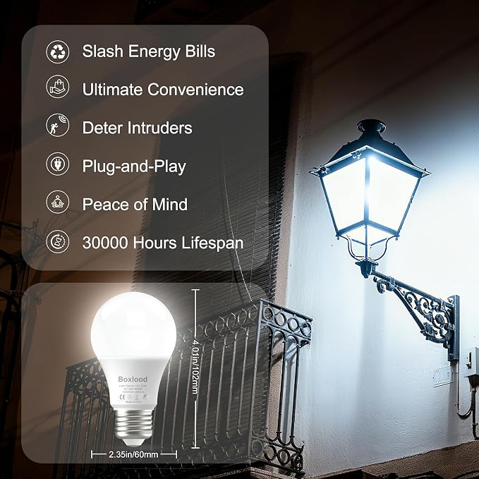 Boxlood Dusk to Dawn LED Outdoor Light Bulb, 12W Supper Bright A19 Dusk to Dawn Light Bulbs, Auto on/Off Photocell Automatic for Indoor Outdoor, 6000K, 6 Pack