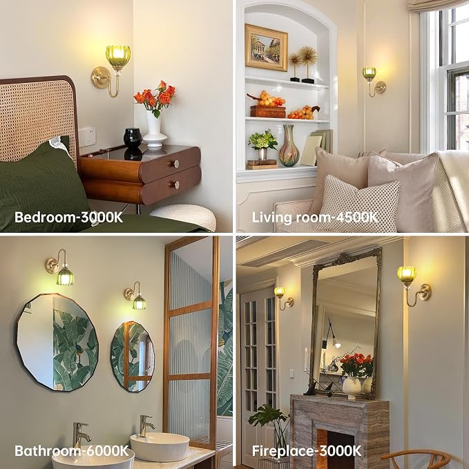 Set of 2 Vintage Battery Operated Wall Sconce, Rechargeable Wall Lamp with 5000mAh Battery & Remote Control, Dimmable Wall Lights with tulip shade for Bedroom Bathroom Living Room, (Tulip Green Up)
