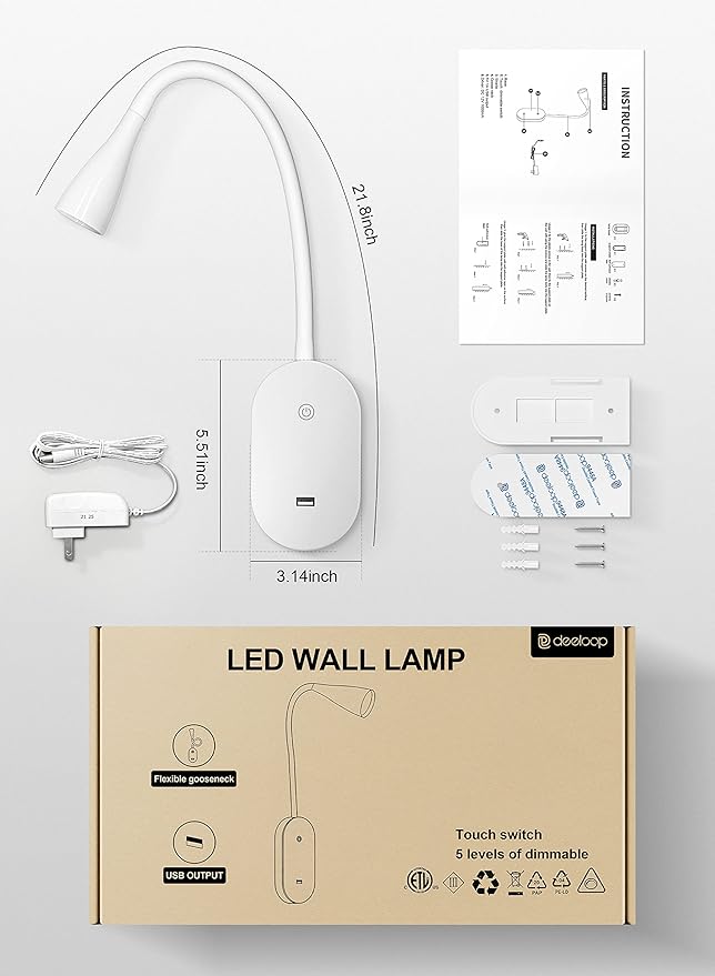 deeloop LED Wall Mount Reading Light for Bed, Reading Lamp with USB Output 5 Brightness Levels Touch Control Book Lights, 4000K Bedside Lamp Flexible Head Rotation, 2 Easy Install Options