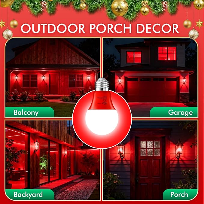 TJOY Red LED Light Bulb Outdoor Porch Halloween, A19 Colored 60 Watt Eq | Red Colored LED Lights, 5W E26 Base, Christmas Indoor Party Bedroom Decoration, Non-Dimmable, 4 Pack