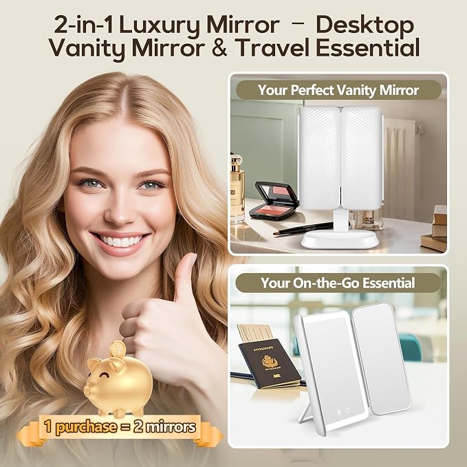 Makeup Mirror with Lights and 30X/10X/5X Magnification, Vanity Mirror with 3 Color Lights, Rechargeable, Detachable, Lighted Makeup Mirror with Magnification, Trifold Mirror, Gifts for Women