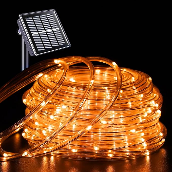 YEGUO Solar Rope Light Outdoor Waterproof, 66ft 200 LED Orange String Lights, 8 Modes Tube Christmas Lights in Clear Thin Tube