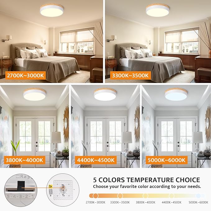 Yiisem Dimmable Wood LED Flush Mount Ceiling Light, White, 11.8 in | 5CCT 2700K-6000K Modern Close to Ceiling Lighting Fixtures, Round Ceiling Lamp for Bedroom, Kitchen, Hallway, Laundry Room