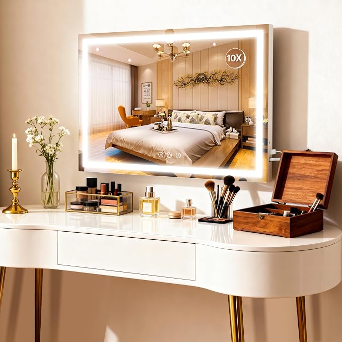 ROLOVE Large Vanity Mirror with Lights 35.5" x 27", LED Hollywood Makeup Mirror with USB Charging Port, 3 Color Modes, Dimmable Touch Control, 10X Magnification, Wall Mounted or Tabletop