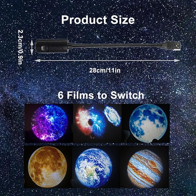 Moon Earth Jupiter Lamp Projector Night Light, 360° Galaxy Projection Light USB Star Night Light Charging Lighting with 6 Film Discs,Romantic Atmosphere Lamp for Selfie Backgroun Bedroom Decor