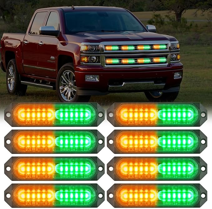 Nilight 8PCS Led Strobe Lights 12LED Amber Green Emergency Light 12V 24V Surface Mount Flashing Warning Hazard Beacon Lights Ultra Slim Sync Feature Mini Grille for Cars Trucks Off Road Vehicles SUV