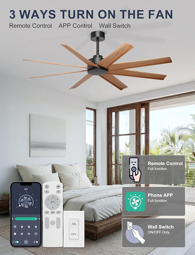 Ohniyou 60" Modern Farmhouse Ceiling Fan No Light for Patio, Porch, Deck | Remote/App Control, Quiet DC Motor, Covered Outdoor Fan with 8 ABS Blades, Black and Wood Color
