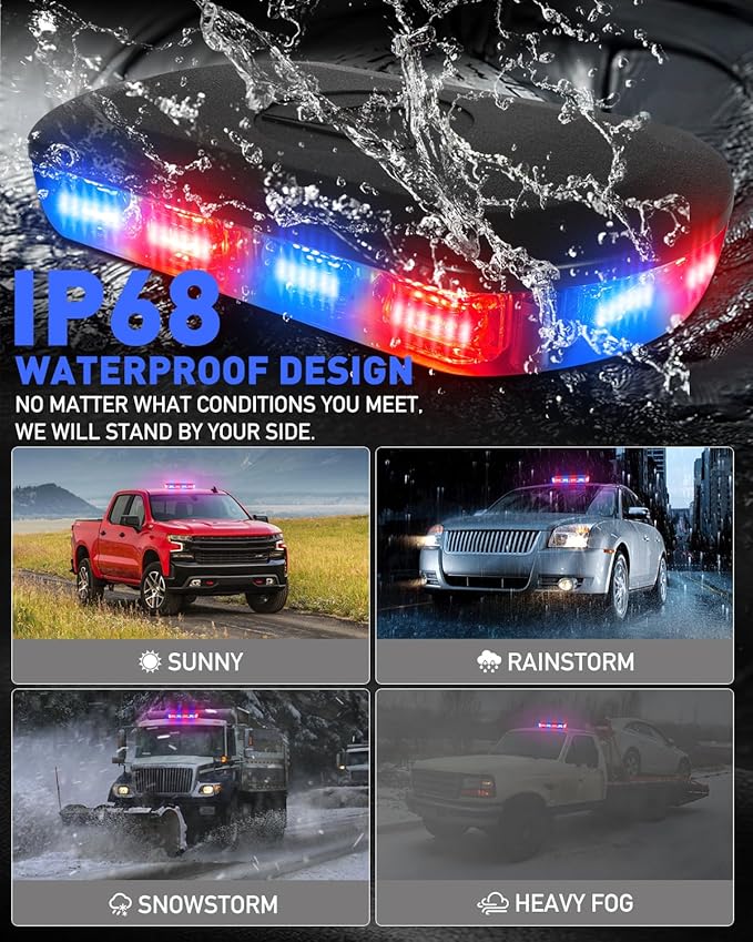 HLauto 700A Rooftop Emergency Strobe Lights Bar, 72 LED Red Blue Mini Beacon Safety Flashing Warning Traffic Lights Bar w/Magnetic Base for 12-24V Trucks, Construction Vehicles, Snowplow, Cars