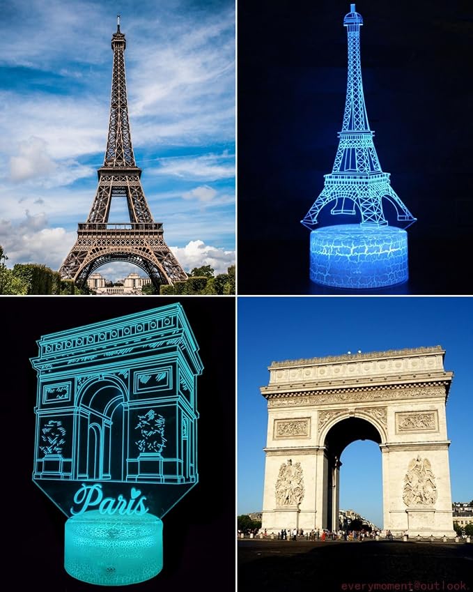 Eiffel Tower Night Light, 2 Patterns, Paris Themed 3D Illusion Lamp | 16 Color Changing, Dimmable, Touch & Remote Control, Arch of Triumph Bedroom Décor, Birthday Christmas Gift Dad Mom Kid
