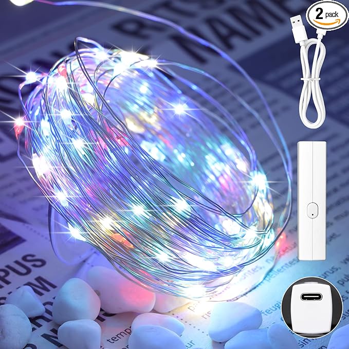 66FT(33 * 2) Multicolor Fairy Lights Battery Operated, 100 LED Twinkle Lights with Timer, Rechargeable String Lights for Bedroom, Christmas Decorations, Wedding, Centerpiece Table Decor Multicolor