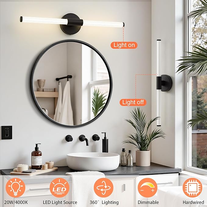 Dimmable LED Bathroom Vanity Lights 360° Full Lighting Bathroom Light Fixtures Over Mirror Vanity Light Bar Modern Wall Sconce 4000K Natural White Light for Home Hardwired, Black, 23 inch
