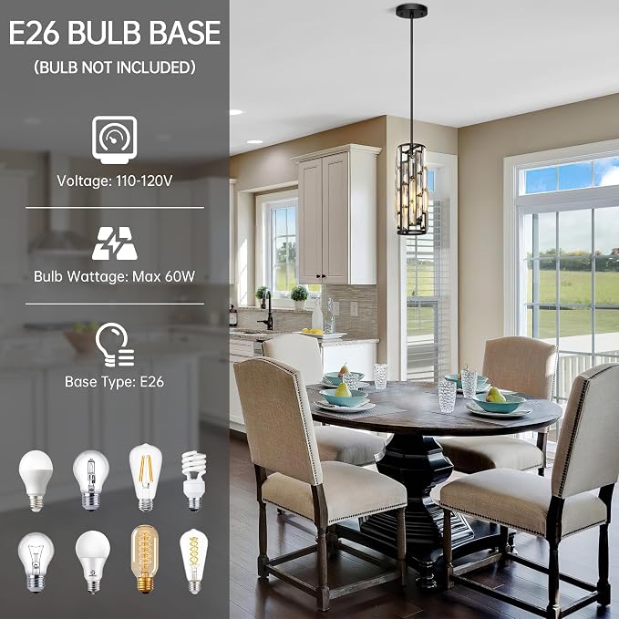 Black Pendant Lights Kitchen Island 1 Pack, Mini Crystal Chandeliers, Modern Pendant Lights Ceiling Lighting Fixtures for Kitchen Island, Dinning Room, Bedroom