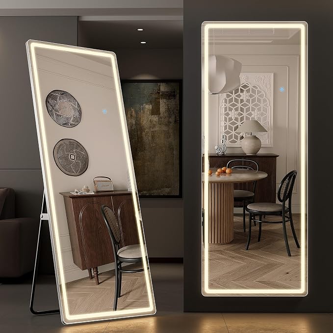 61x16 Inch Lighted Full Body Mirror, Free Standing Floor Mirror Full Length | Wall Mounted Mirror with 3 Color Lights, Adjustable Brightness for Outfit Checks, Dressing Room, Bedroom Decor and Cloakroom