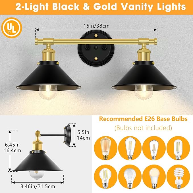 Licperron Farmhouse 2-Light Black Gold Vanity Lights Fixtures, Black and Gold Bathroom Lights Over Mirror with Metal Shade, Industrial Wall Sconces Lighting for Kitchen, Bedroom and Hallway