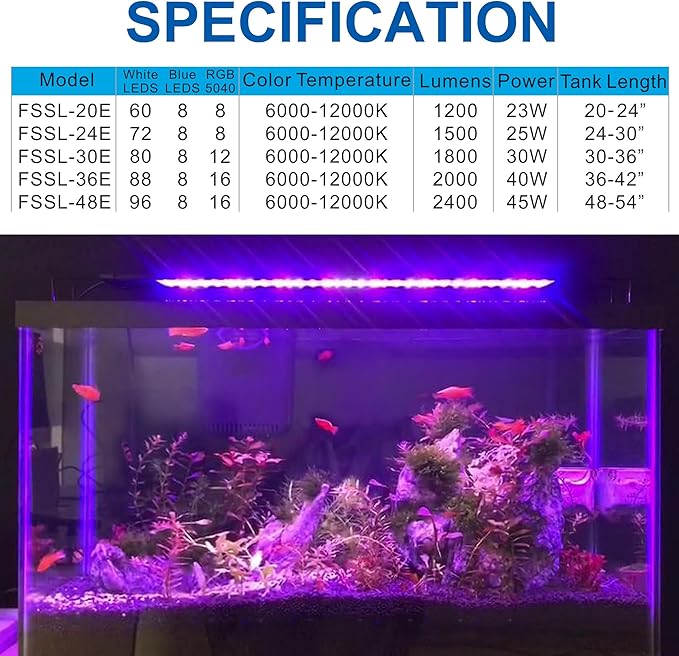 OYO WATER Aquarium LED Light 24 Inch with Timer, 24/7 Cycle, 5 Dimmable Brightness, Sunrise/Sunset Simulation for 10/20/30/55 Gallon Fish Tank