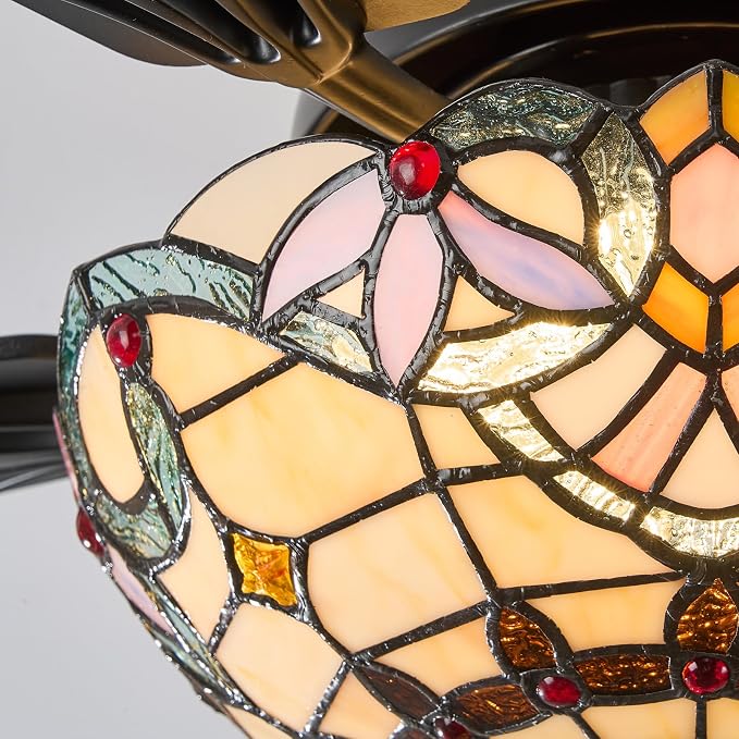 Tiffany Ceiling Fans with Lights-48"Ceiling Fan Chandelier and Glass Shade | 48" Ceiling Fan Chandelier with 5 Dual-Blades and Glass Shade, 6 Speeds and Reversible, Indoor and Outdoor, Retro Style