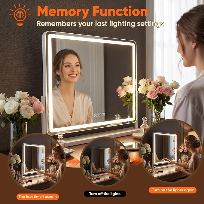 Antok Vanity Mirror with Lights, 33"X23" Lighted Makeup Mirror, Smart Touch, 3 Color Modes and Brightness Adjustable, LED Vanity Mirror with Detachable 10X Magnification, 360° Rotation for Makeup Desk