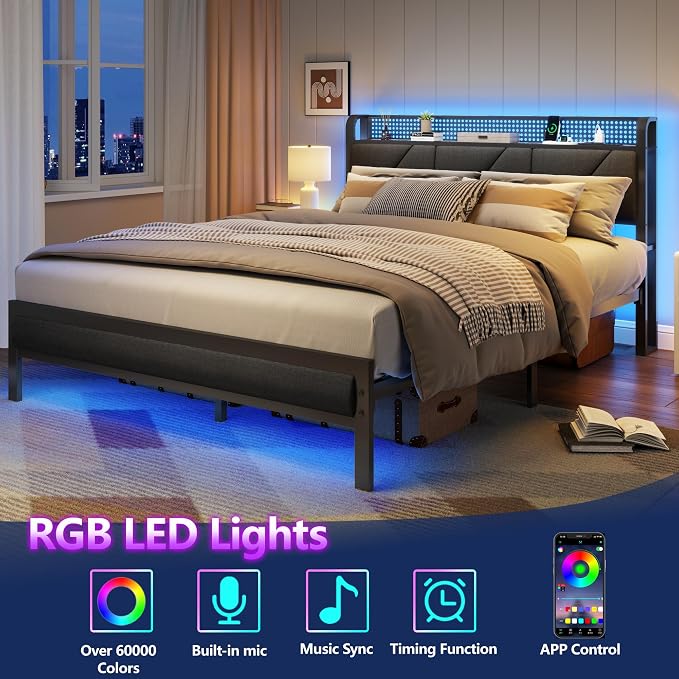 Queen Bed Frame with Storage Shelf and Upholstered Headboard | Metal Platform Bed with LED Light, Charging Station and Heavy Duty Slats, No Box Spring Needed, Noise Free & Easy Assembly