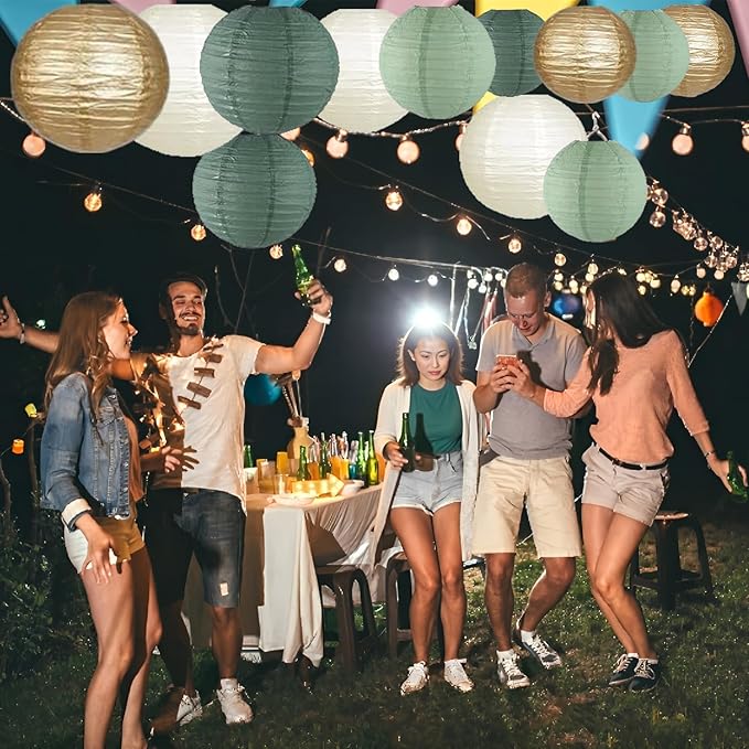 12Pcs Sage Green Paper Lanterns Decorative, Chinese Round Hanging Paper Lanterns Lamp for Wedding, Bridal, Outdoor Decor, Garden Decor, Home Decor, Party Decorations (Size of 6”, 8”, 10”, 12”)