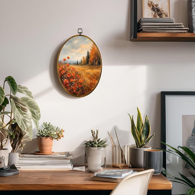 Fall Floral Oval Wall Art, Framed Canvas Decor, 8.5x11.5 Inch | Orange wildflowers, golden meadow, birch trees and rustic autumn landscape decor