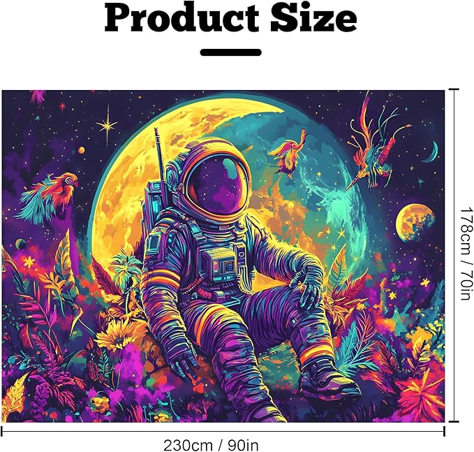 BVBOX Blacklight Space Astronaut Tapestry UV Reactive Galaxy Planet Glow in Dark Tapestries Black Light Poster Neon Wall Hanging Art for bedroom Living Room (Astronaut & Moon-3M)